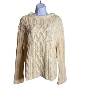 Vintage Erik Stewart Women's Ivory Cable Knit Fisherman Sweater Est. Size L/XL